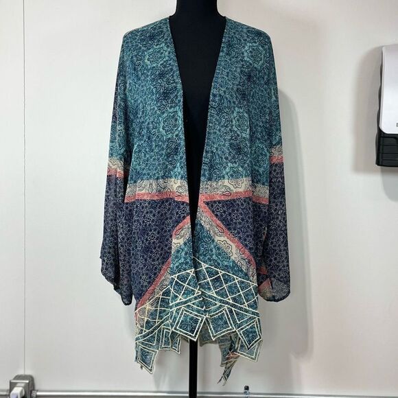 Mystree Embroidered Jagged Hem Paisley Oversized Kimono Size S/M Women’s - Picture 2 of 12